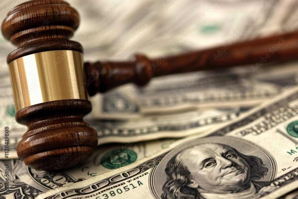 Gavel resting on scattered dollar bills in a legal setting, symbolizing justice and financial transactions Gavel resting on scattered dollar bills in a legal setting, symbolizing justice and financial transactions
