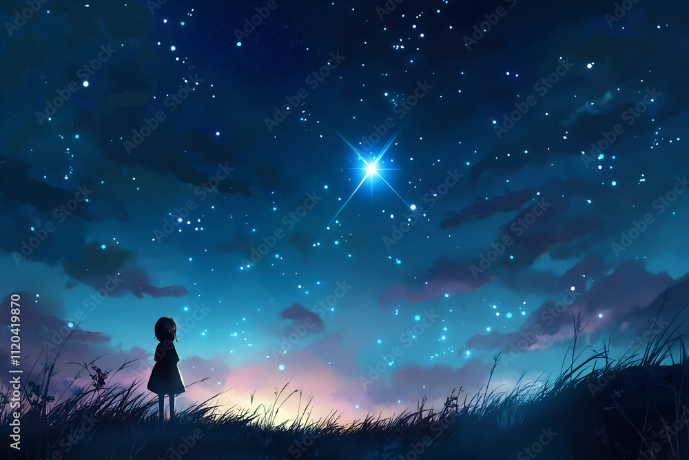 A clear, starry sky with one particularly bright star, symbolizing a lost loved one's presence and legacy A clear, starry sky with one particularly bright star, symbolizing a lost loved one's presence and legacy