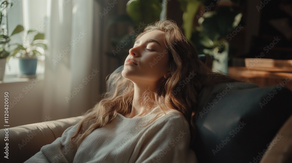 Woman, relax and meditation on sofa in living room, mental health. Home, inner peace and zen Woman, relax and meditation on sofa in living room, mental health. Home, inner peace and zen