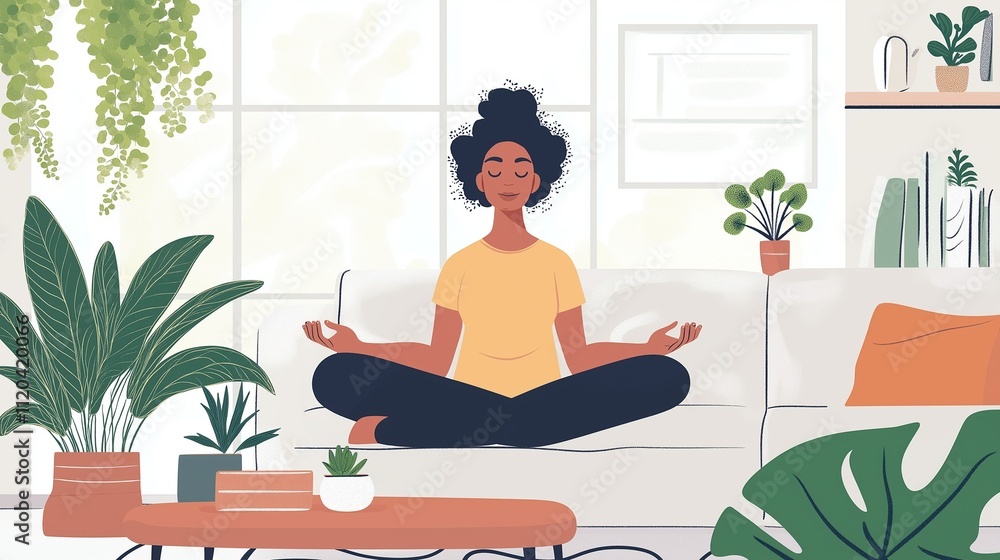 Woman, relax and meditation on sofa in living room, mental health. Woman, relax and meditation on sofa in living room, mental health.