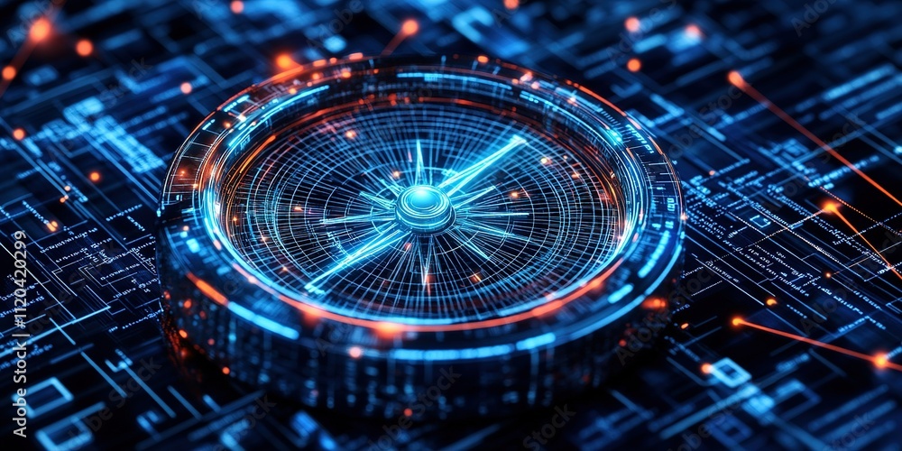 custom made wallpaper toronto digitalHigh-tech compass design illuminated with blue and orange lights on a digital circuit background
