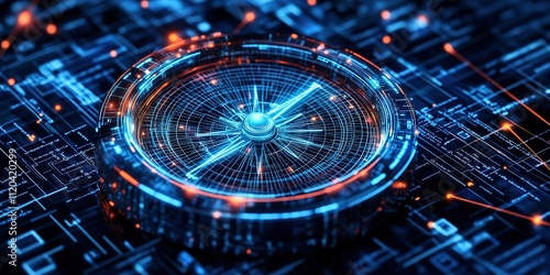 Wallpaper Mural High-tech compass design illuminated with blue and orange lights on a digital circuit background Torontodigital.ca