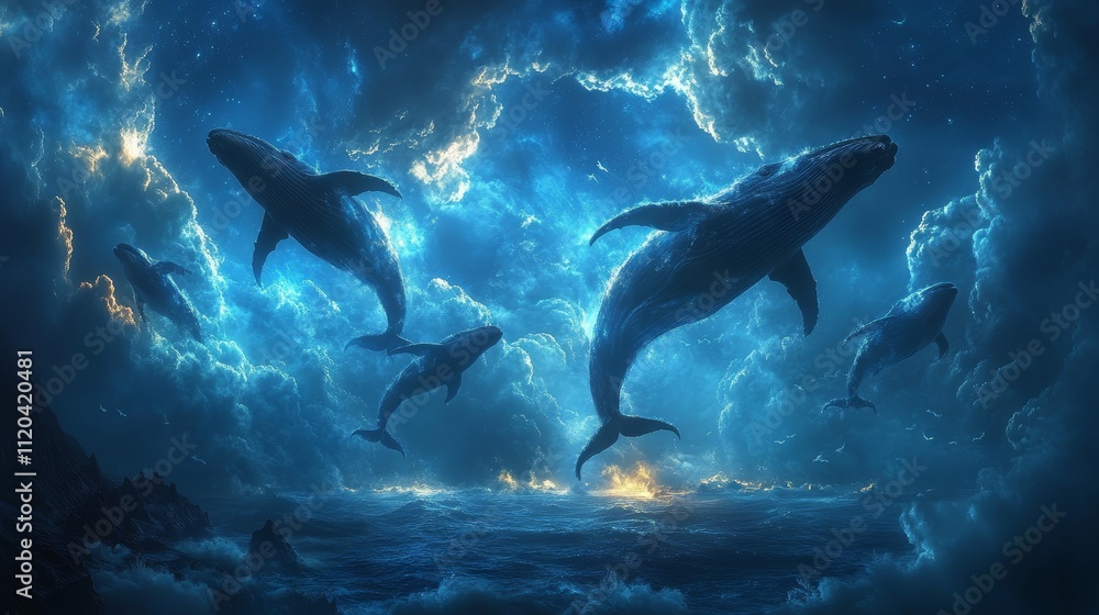 Obraz premium Majestic whales swimming through ethereal oceanic clouds at twilight in a fantastical seascape