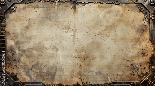 A detailed steampunk-inspired textured background with metallic gears, worn edges, and distressed parchment