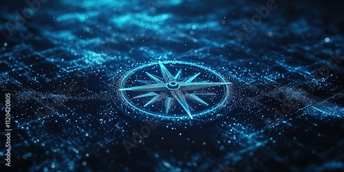 Bright blue digital compass over a shimmering dark background represents navigation and technology in modern exploration