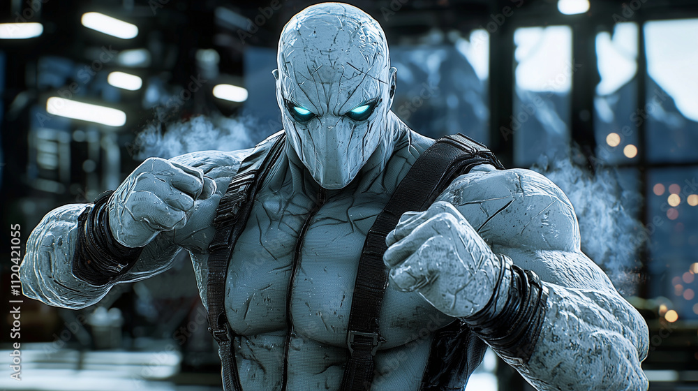 Futuristic stone-skinned superhero with glowing eyes in a ready combat pose inside an industrial sci-fi environment Futuristic stone-skinned superhero with glowing eyes in a ready combat pose inside an industrial sci-fi environment