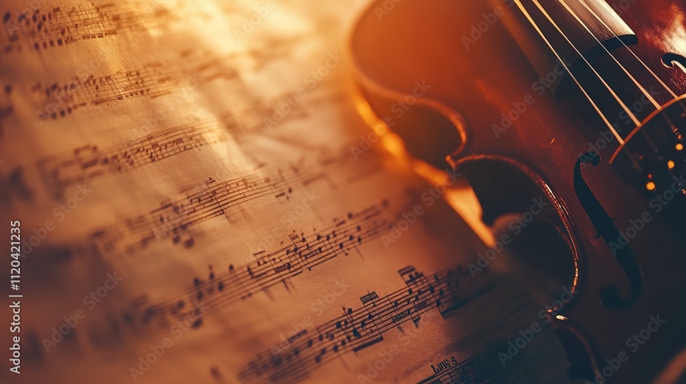 Fototapeta premium Classical music sheet notes elegantly displayed on a wooden stand, embodying the timeless beauty and intricate artistry of orchestral compositions.