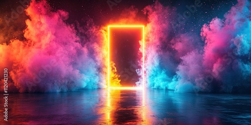 Vibrant neon doorway illuminated by colorful smoke at night in a surreal landscape