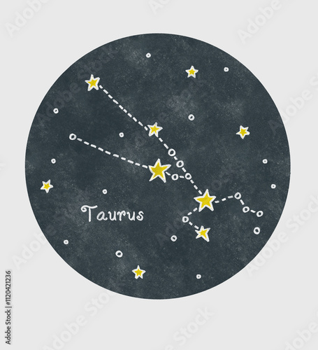 Taurus constellation hand drawn with white and yellow crayons in a childish cartoon style on a texture circle background