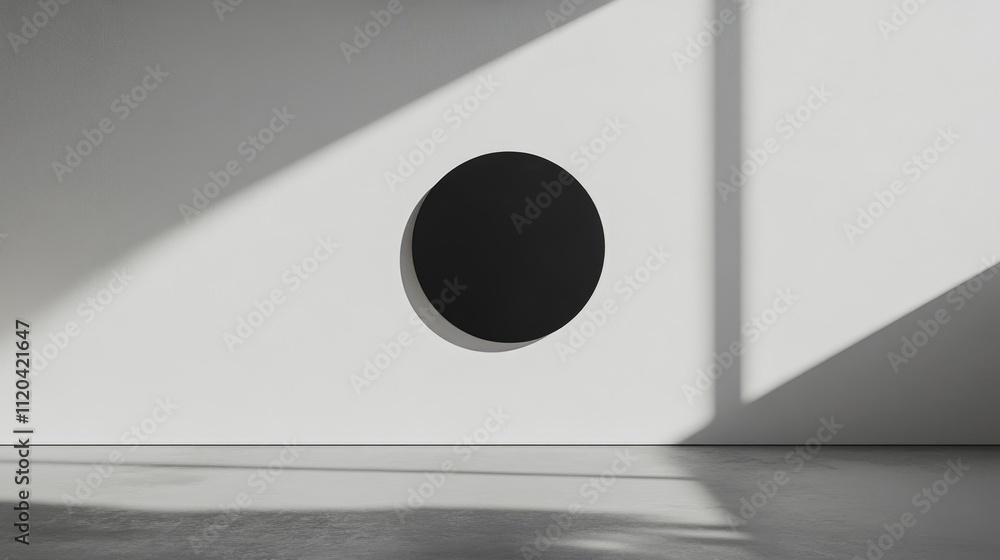Minimalist Black Circle on White Wall, Sunlit Room Minimalist Black Circle on White Wall, Sunlit Room
