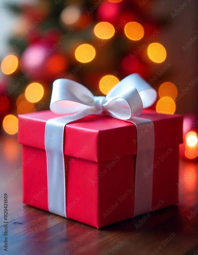 a red gift box with a bow on a blurred background with bokeh lights, festive red gift box, Christmas and New Year Concept, atmosphere for Valentine's Day or anniversary., created with generative ai a red gift box with a bow on a blurred background with bokeh lights, festive red gift box, Christmas and New Year Concept, atmosphere for Valentine's Day or anniversary., created with generative ai