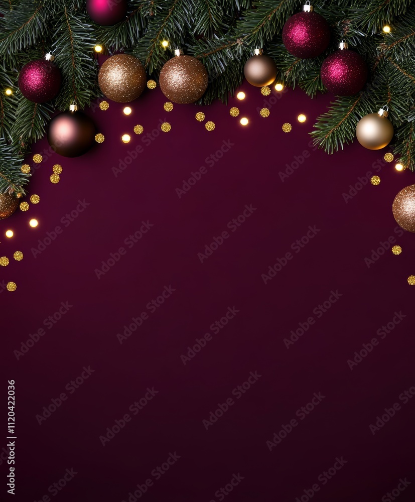 Christmas background with vibrant tones and decorative tree branches. Adorned with dark lights and shimmering ornament balls, elegant holiday frame. Perfect for banners, posters, or festive designs. Christmas background with vibrant tones and decorative tree branches. Adorned with dark lights and shimmering ornament balls, elegant holiday frame. Perfect for banners, posters, or festive designs.