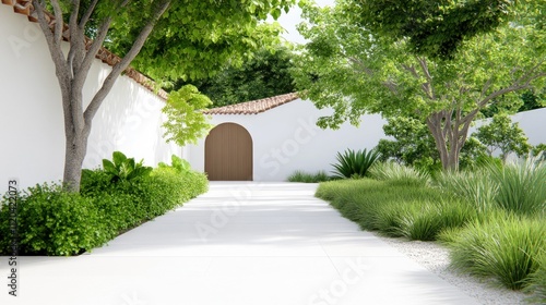 Serene pathway leading to a wooden door surrounded by greenery.