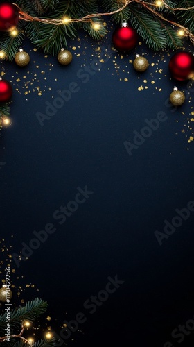 Christmas background with vibrant tones and decorative tree branches. Adorned with dark lights and shimmering ornament balls, elegant holiday frame. Perfect for banners, posters, or festive designs.