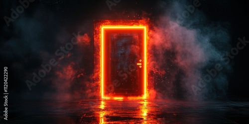 Bright neon door stands in a dark, misty environment with glowing edges and reflective surface