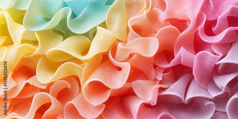 Colorful ruffled fabric displays a beautiful gradient from yellow to pink in soft, flowing textures Colorful ruffled fabric displays a beautiful gradient from yellow to pink in soft, flowing textures