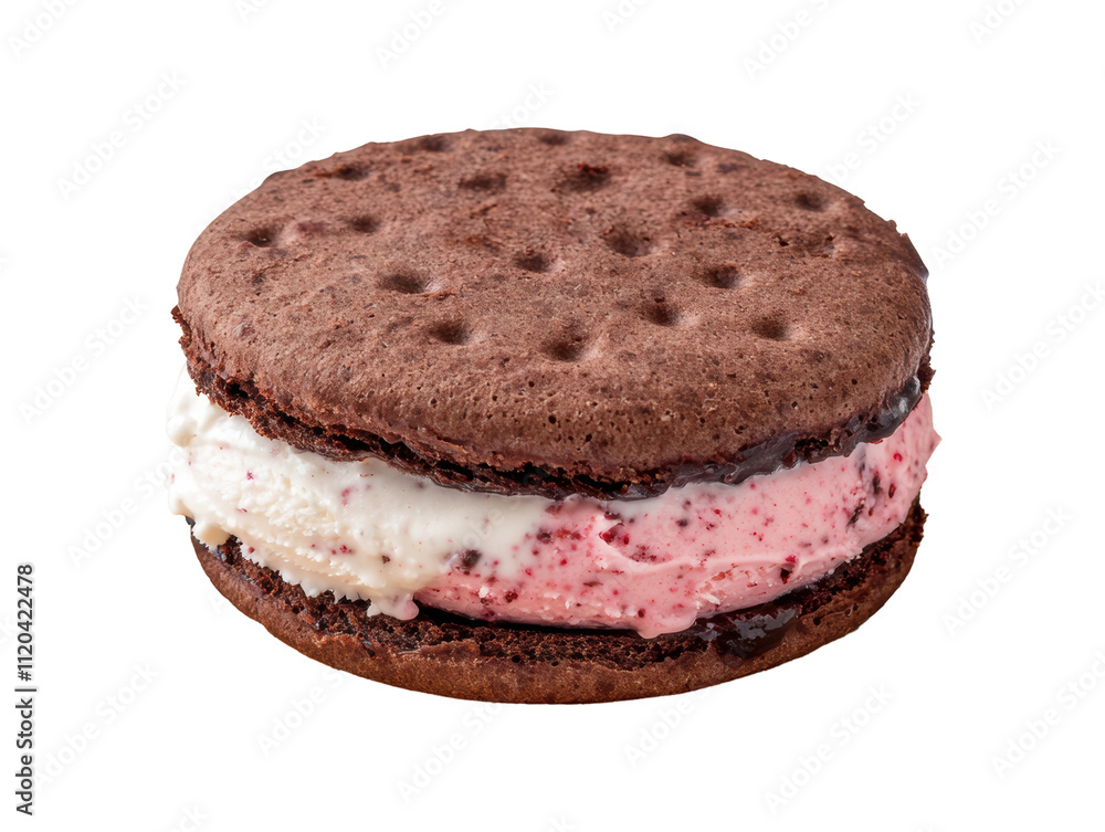 Delicious ice cream sandwich with chocolate cookies and layers of vanilla and strawberry ice cream. Delicious ice cream sandwich with chocolate cookies and layers of vanilla and strawberry ice cream.