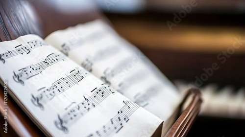Classical music sheet notes elegantly displayed on a wooden stand, embodying the timeless beauty and intricate artistry of orchestral compositions.