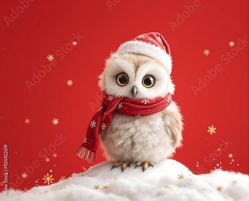 Christmas Owl Cute Baby Owl Celebration Red color background stock image photo