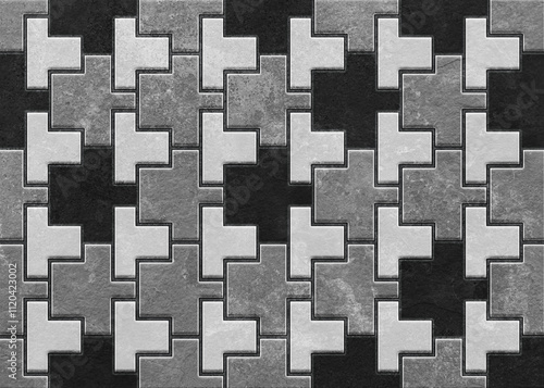 Illustration texture in the form of a puzzle in shades of gray, white, and black, featuring geometric patterns