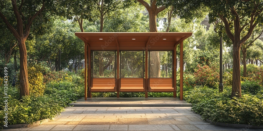 Wooden bus shelter surrounded by lush greenery in a city park during sunny afternoon Wooden bus shelter surrounded by lush greenery in a city park during sunny afternoon