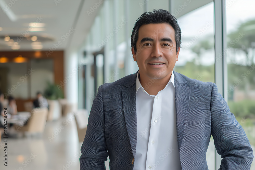 Portrait of a successful Mexican businessman looking at camera and smiling inside modern office building