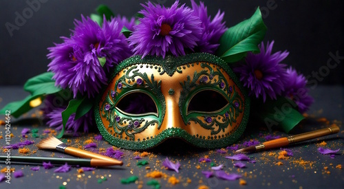 Wallpaper Mural Colorful Mardi Gras mask adorned with vibrant flowers and artistic tools set against a dark backdrop, capturing the essence of carnival celebration Torontodigital.ca