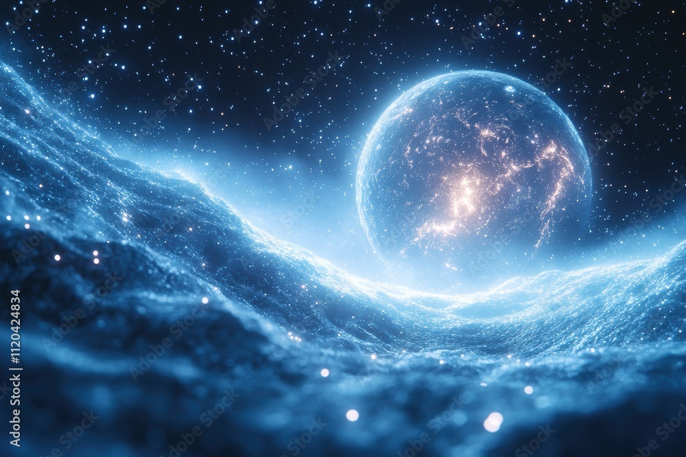 A glowing planet rises above a shimmering ocean of stars and waves. A glowing planet rises above a shimmering ocean of stars and waves.