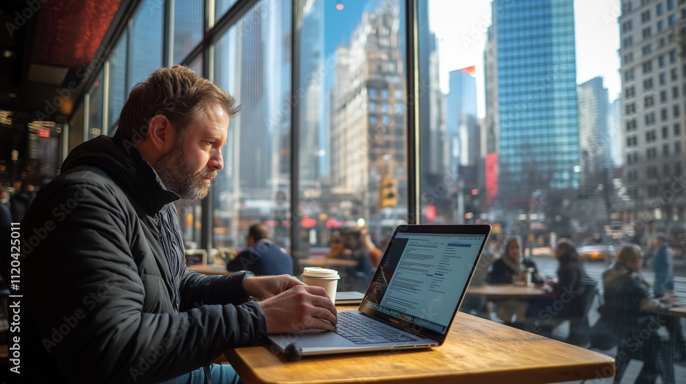 freelancer using a laptop on a rooftop terrace, surrounded by city lights, showing the excitement of working remotely freelancer using a laptop on a rooftop terrace, surrounded by city lights, showing the excitement of working remotely