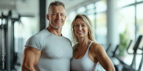 A man and woman are posing for a picture in a gym. The man is wearing a grey shirt and the woman is wearing a white tank top. They both have smiles on their faces, indicating that they are happy