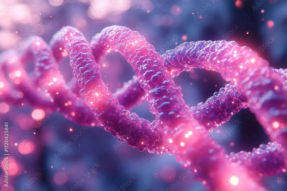 A vibrant, abstract representation of DNA strands with glowing particles. A vibrant, abstract representation of DNA strands with glowing particles.