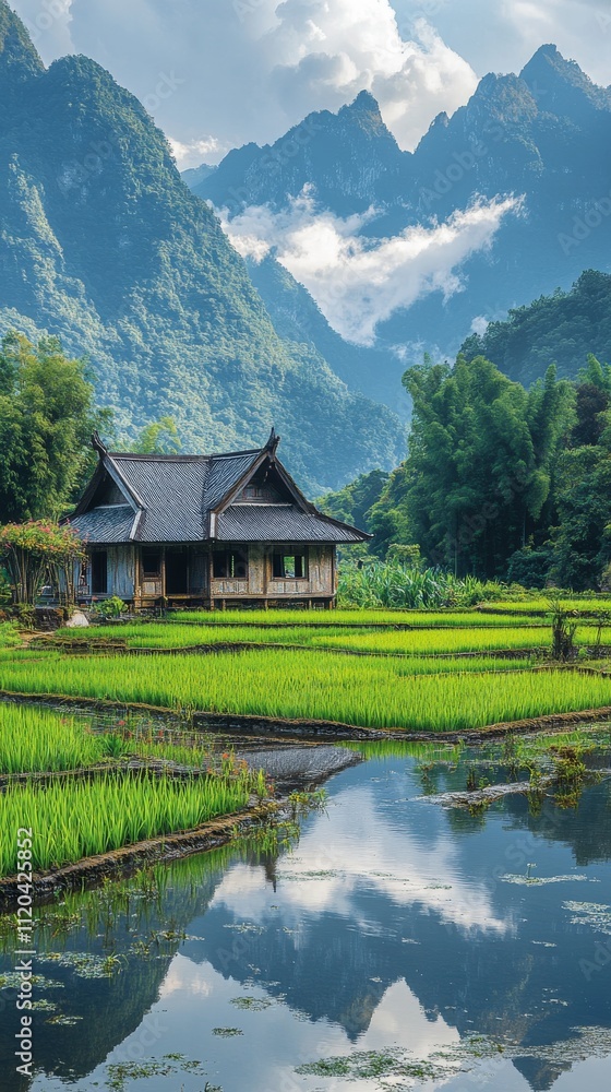 Tranquil rural house amidst lush rice fields and mountains Tranquil rural house amidst lush rice fields and mountains