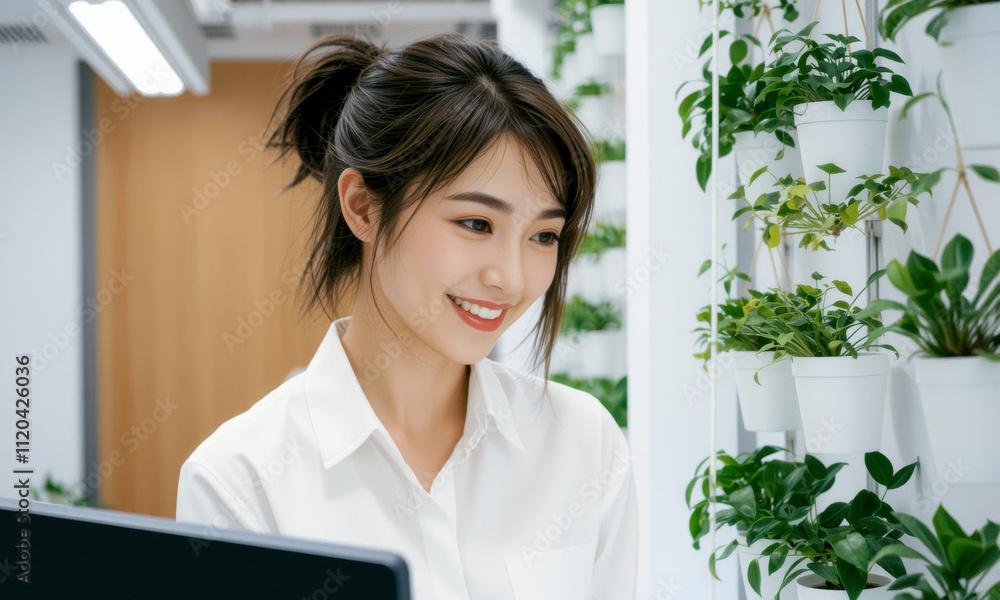 woman smiles while working in office with vertical garden. greenery adds refreshing touch to workspace, creating vibrant and lively atmosphere woman smiles while working in office with vertical garden. greenery adds refreshing touch to workspace, creating vibrant and lively atmosphere