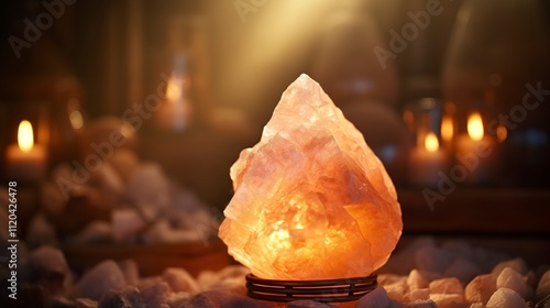 A photo of a Himalayan salt lamp casting a warm glow photo