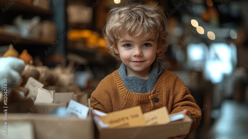 A joyful boy with curly hair stands in a charming store, proudly displaying a box of handmade items. The shop radiates warmth with its inviting atmosphere, perfect for exploring unique crafts. A joyful boy with curly hair stands in a charming store, proudly displaying a box of handmade items. The shop radiates warmth with its inviting atmosphere, perfect for exploring unique crafts.