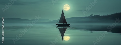 A sailboat floating on the lake under moonlight
