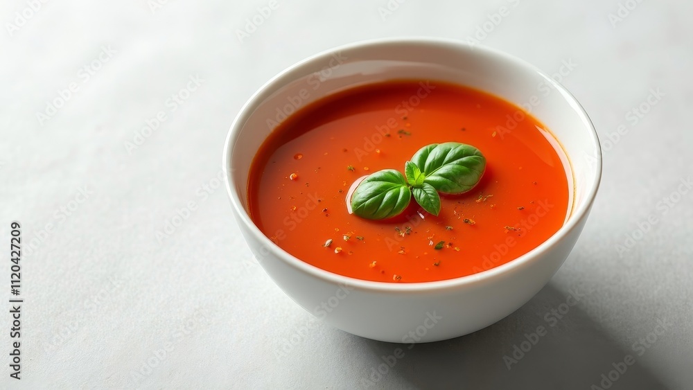 Fresh Tomato Soup with Basil Leaf in a White Bowl Fresh Tomato Soup with Basil Leaf in a White Bowl
