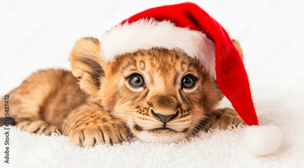 Cute lion cub in Santa Claus hat on white background. Cute lion cub in Santa Claus hat on white background.