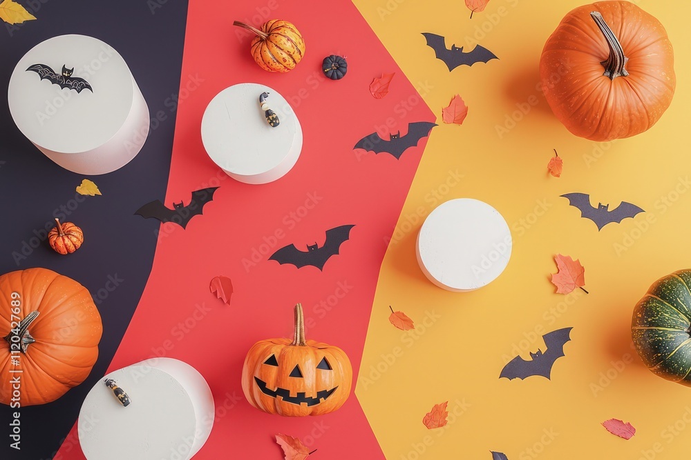 Fototapeta premium Artistic composition with pumpkins, plaster podiums, and Halloween decor presented on a colorful background