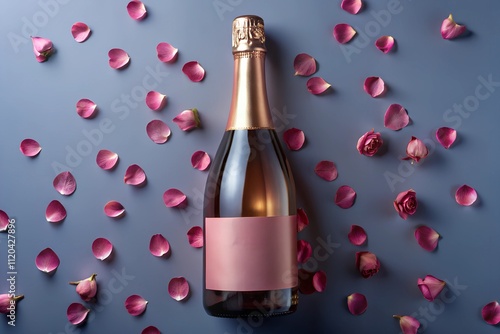 Mockup of an elegant pink champagne bottle with a blank label, surrounded by scattered rose petals on a modern blue background. Perfect for romantic or celebration-themed designs.