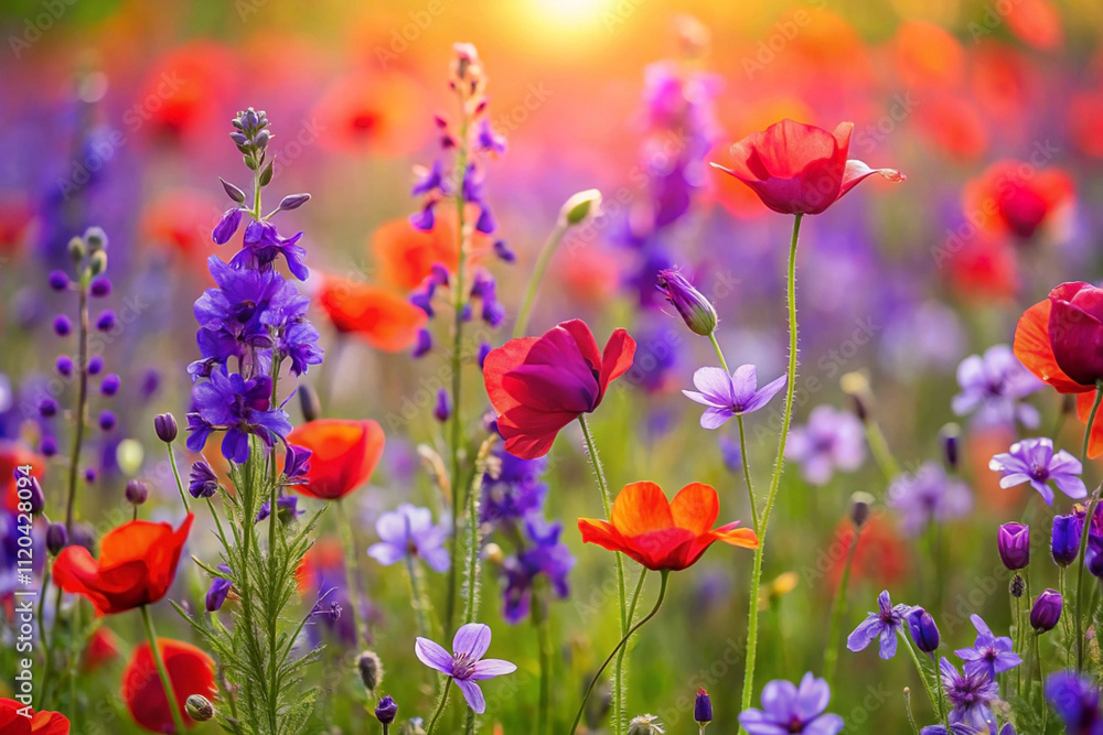 Vibrant wildflowers in a summer meadow at sunset. Vibrant wildflowers in a summer meadow at sunset.