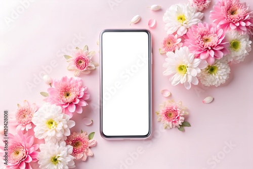 Mockup of a smartphone with a blank white screen surrounded by pink and white pastel flowers on a soft background. Ideal for spring, Mother’s Day, and feminine designs. Copy space included.
