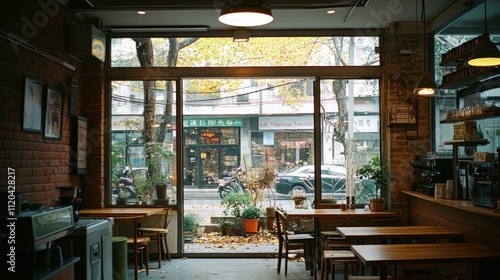 Fototapeta Naklejka Na Ścianę i Meble -  Cozy cafe interior with large window showing autumnal street scene.