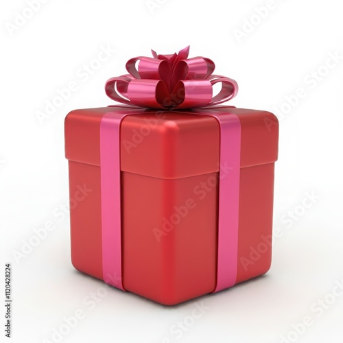 Red gift box with a glossy surface and decorative bow on white background for celebrations, holidays, gifting, and elegant festive design inspirations. photo