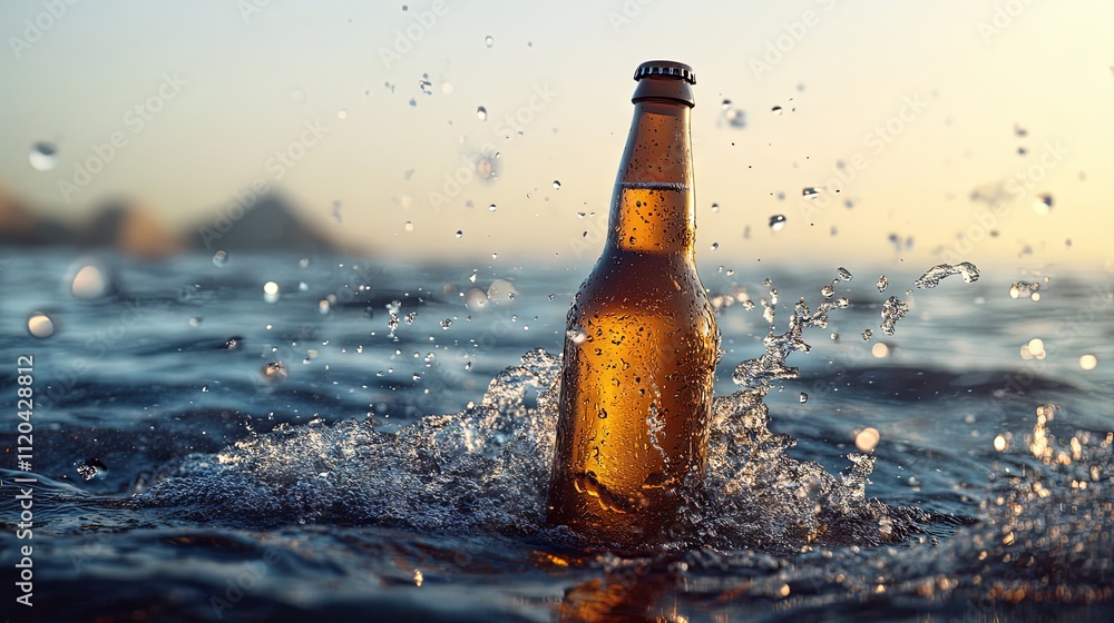 Golden Beer Bottle Splashing in the Ocean Waves Golden Beer Bottle Splashing in the Ocean Waves