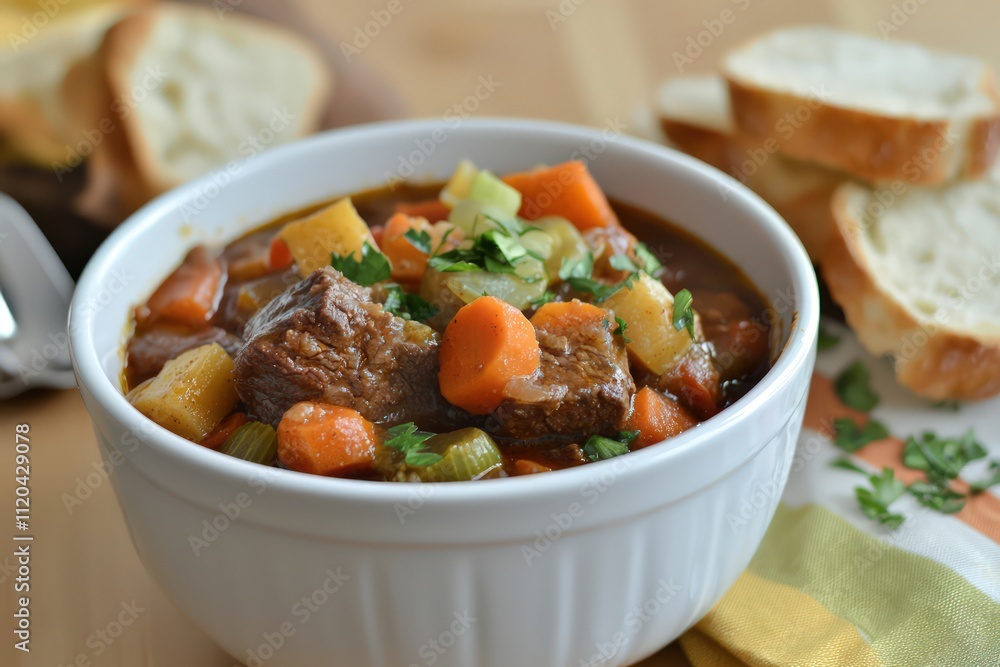 Autumn dinner featuring a steaming bowl beef stew with fresh vegetables and a side bread Autumn dinner featuring a steaming bowl beef stew with fresh vegetables and a side bread