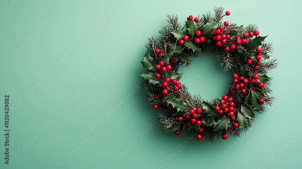 Christmas wreath with holly berries framed against a mint green background. Christmas wreath with holly berries framed against a mint green background.