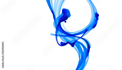 A close-up shot of a blue ink swirl on a white background, creating an abstract pattern, one line art