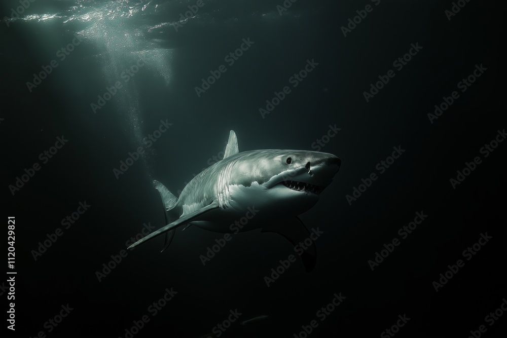 Naklejka premium A shark is swimming in the dark water. The shark is large and has a menacing look on its face