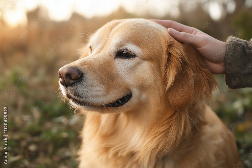 A person is petting a golden retriever. The dog is looking at the camera and he is happy A person is petting a golden retriever. The dog is looking at the camera and he is happy